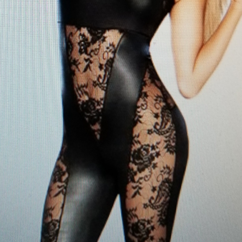 Sexy Black Faux/Leather Lace Open Back Body Suit